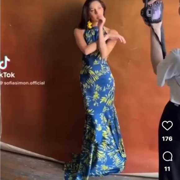 S.Simon Regina Blue Yellow tropical Floral halter maxi gown Dress